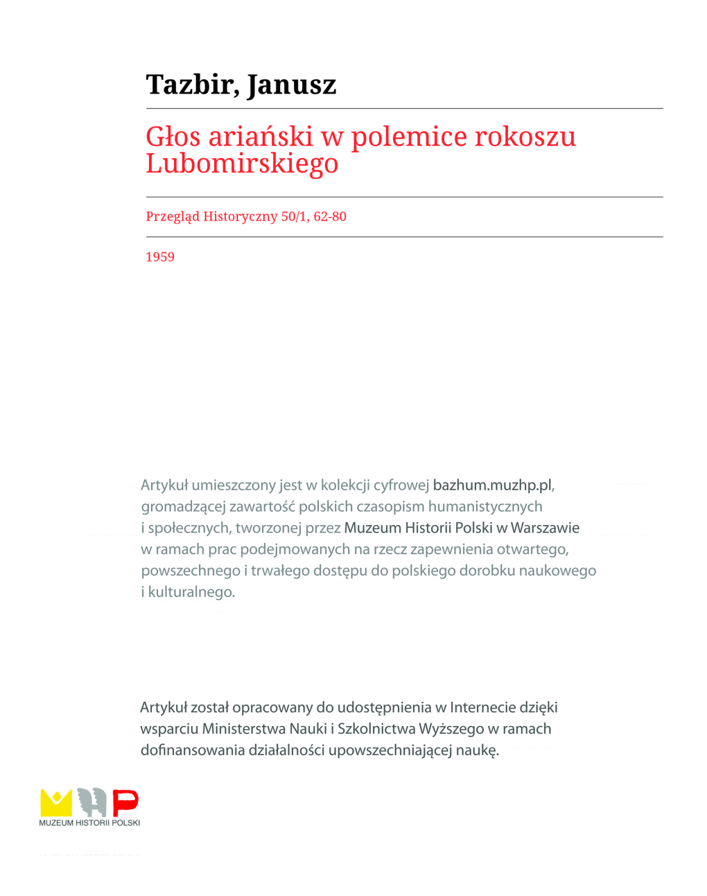 Głos Ariański Из Polemice Rokoszu Lubomirskiego