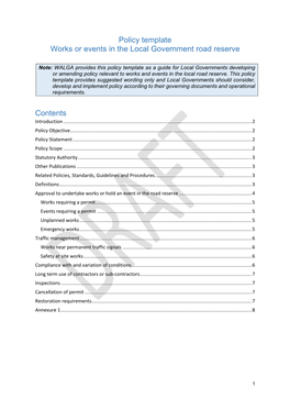 Policy Template Works Or Events in the Local Government Road Reserve Contents