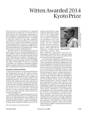 Witten Awarded 2014 Kyoto Prize