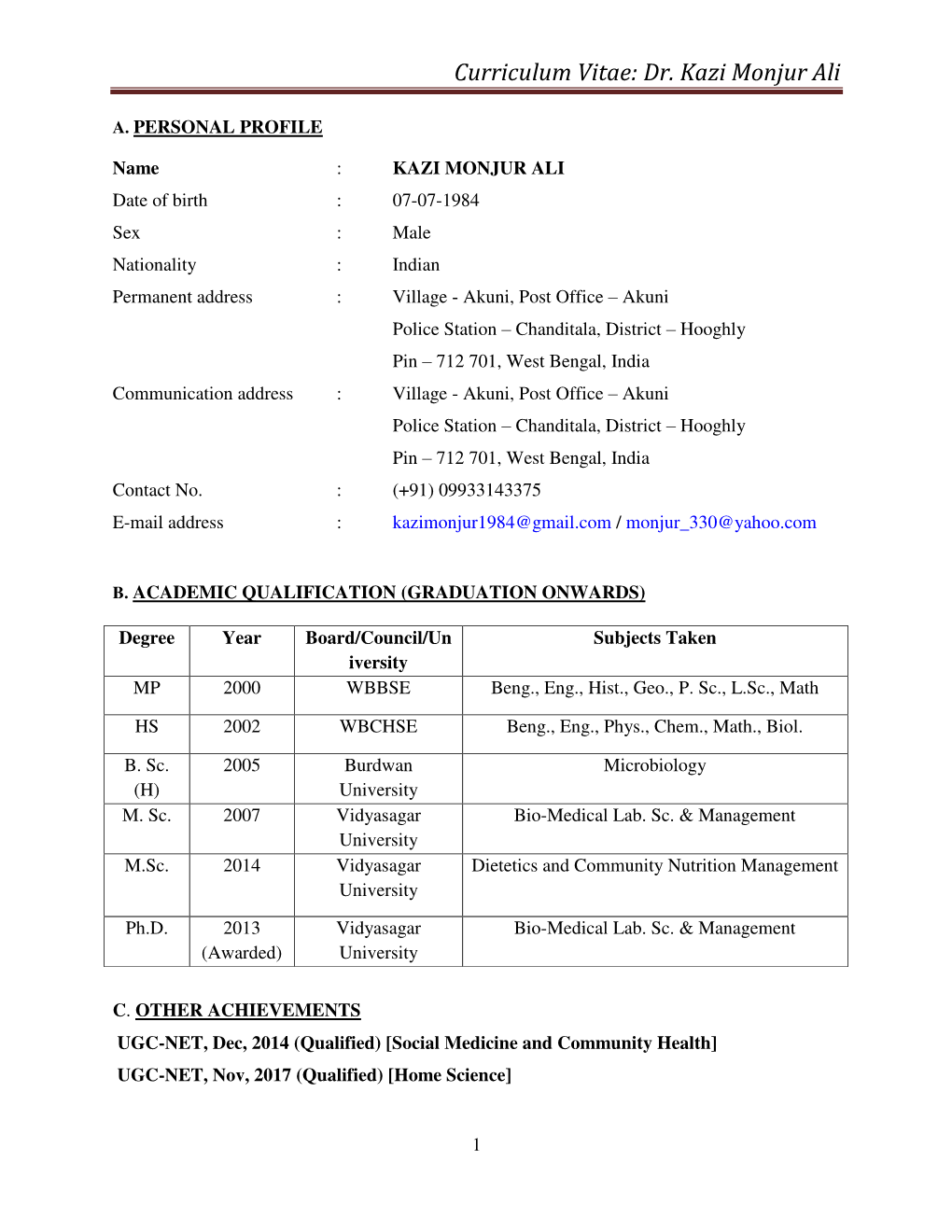 Curriculum Vitae: Dr. Kazi Monjur Ali