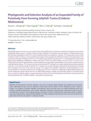 Phylogenetic and Selection Analysis of an Expanded Family of Putatively Pore-Forming Jellyﬁsh Toxins (Cnidaria: Medusozoa)