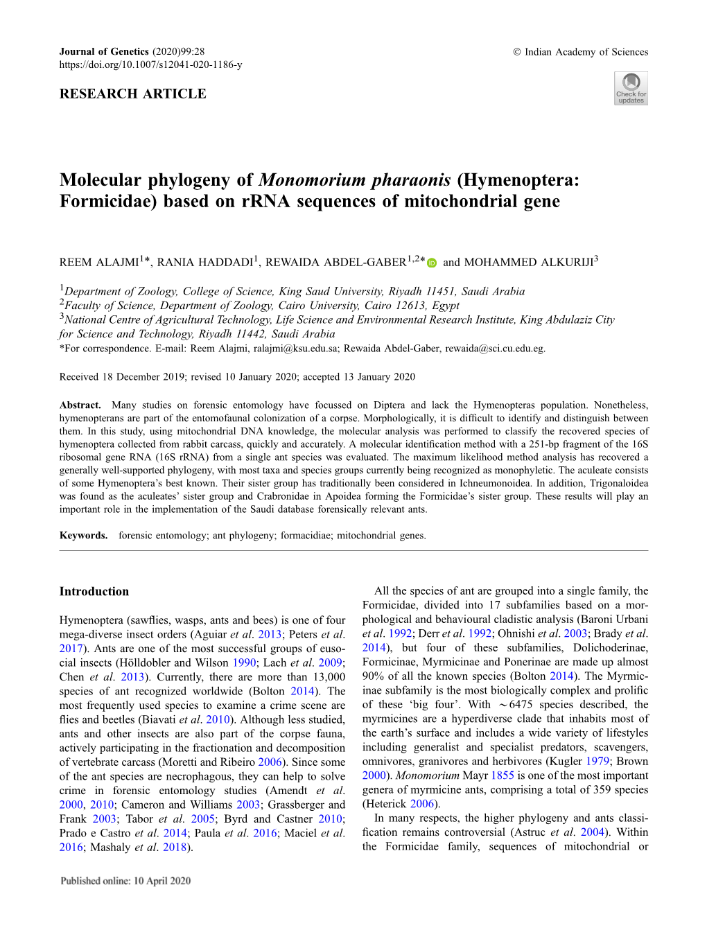 Molecular Phylogeny of Monomorium Pharaonis (Hymenoptera: Formicidae) Based on Rrna Sequences of Mitochondrial Gene