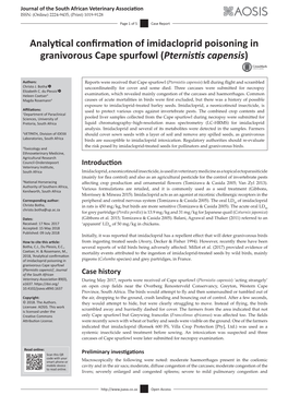 Analytical Confirmation of Imidacloprid Poisoning in Granivorous Cape Spurfowl (Pternistis Capensis)