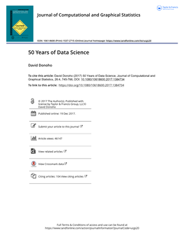 David Donoho. 50 Years of Data Science. Journal of Computational