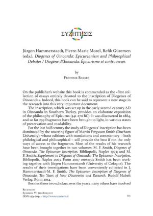Diogenes of Oinoanda: Epicureanism and Philosophical Debates / Diogène D’Œnoanda: Épicurisme Et Controverses