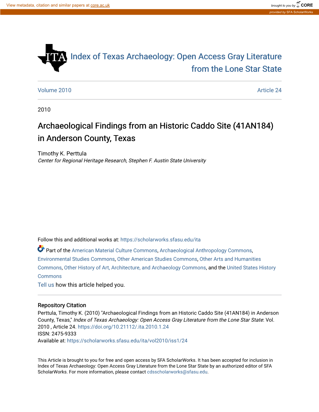 Archaeological Findings from an Historic Caddo Site (41AN184) in Anderson County, Texas