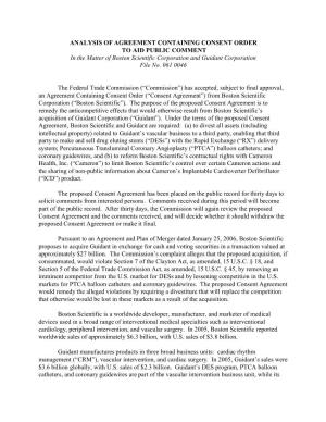 ANALYSIS of AGREEMENT CONTAINING CONSENT ORDER to AID PUBLIC COMMENT in the Matter of Boston Scientific Corporation and Guidant Corporation File No