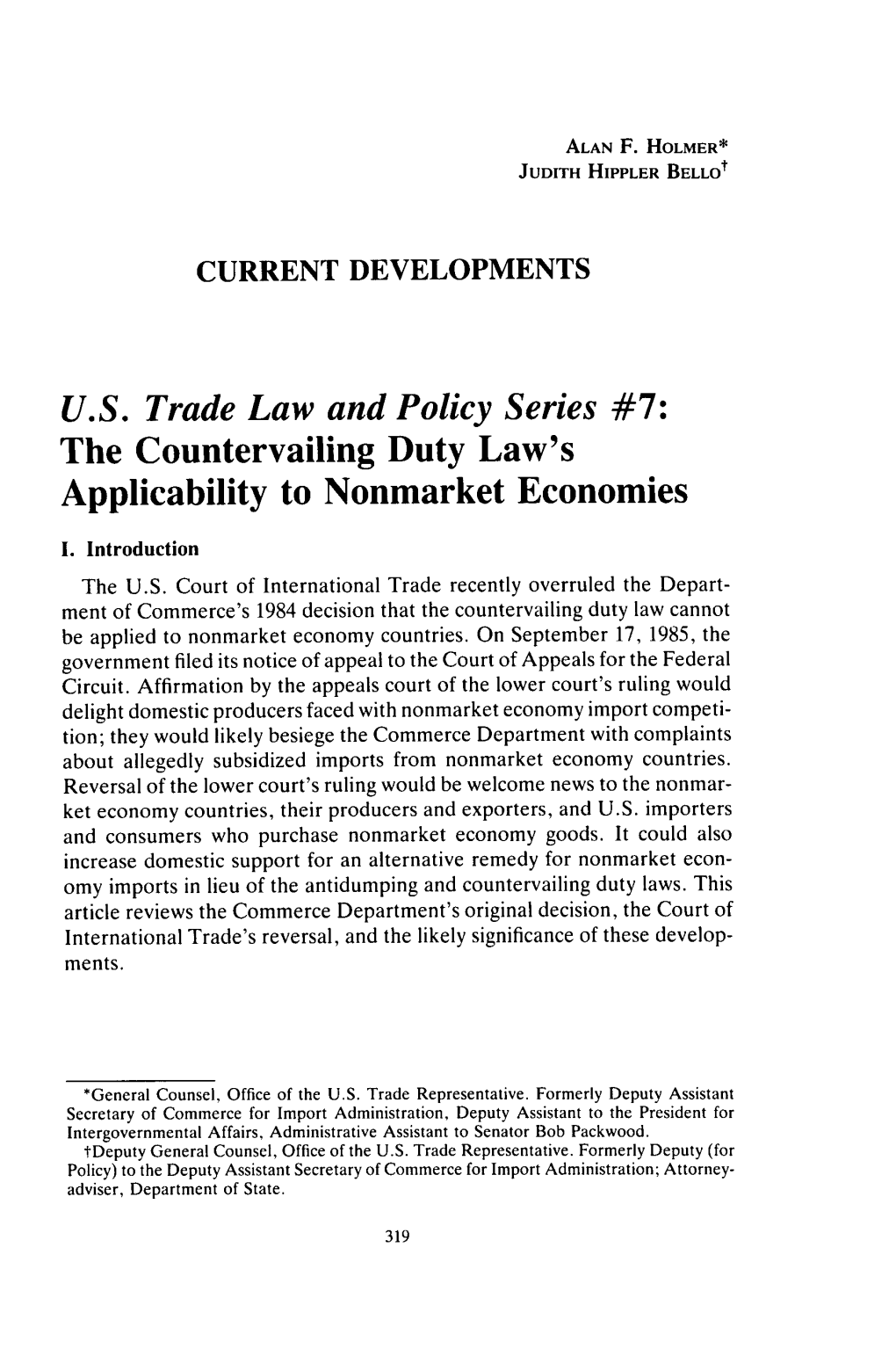 U.S. Trade Law and Policy Series #7: the Countervailing Duty Law's Applicability to Nonmarket Economies