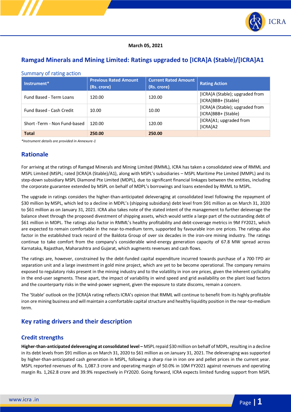 Ramgad Minerals and Mining Limited: Ratings Upgraded to [ICRA]A (Stable)/[ICRA]A1