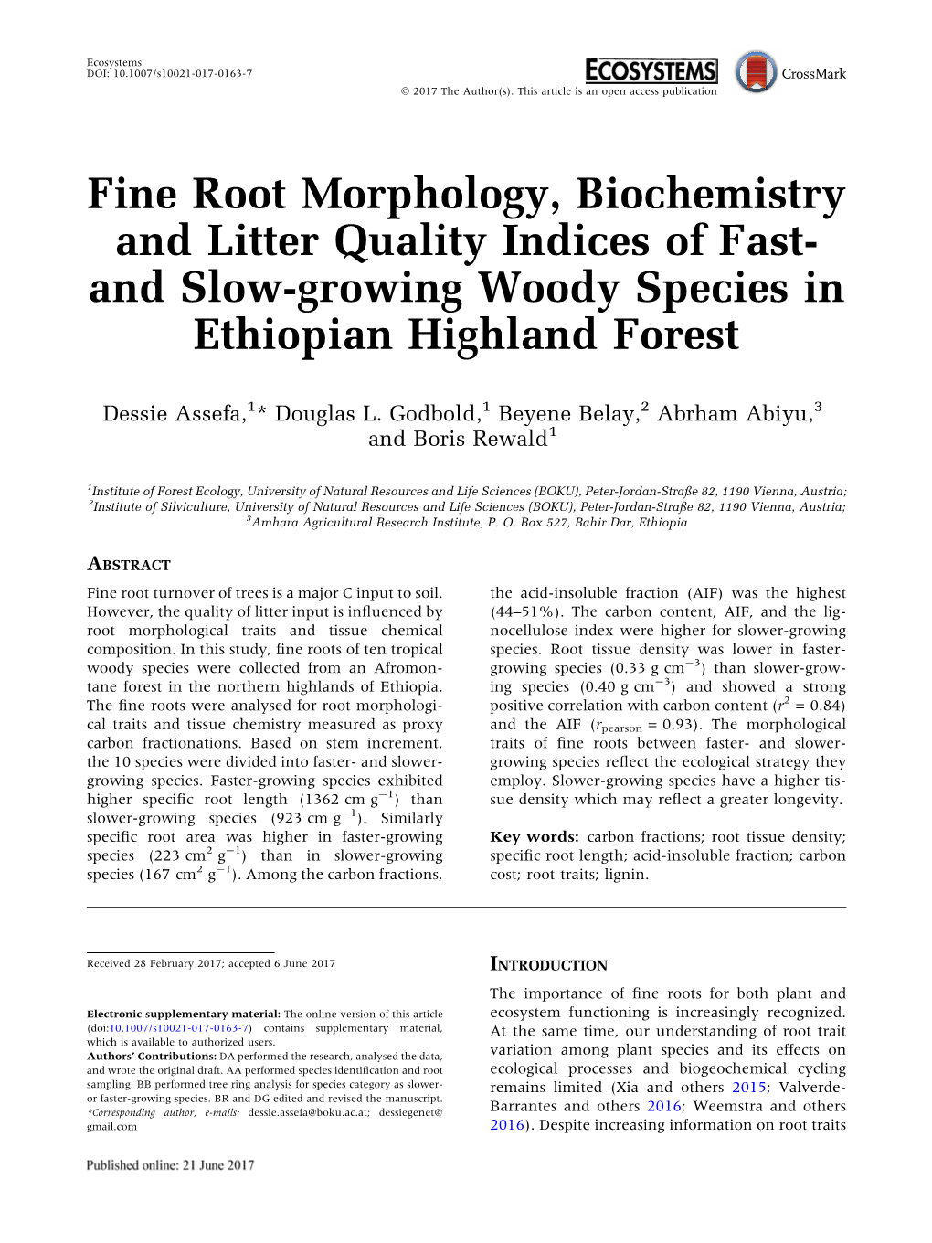 Fine Root Morphology, Biochemistry and Litter Quality Indices of Fast- and Slow-Growing Woody Species in Ethiopian Highland Forest