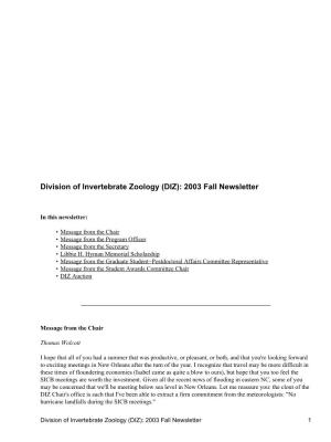 Division of Invertebrate Zoology (DIZ): 2003 Fall Newsletter