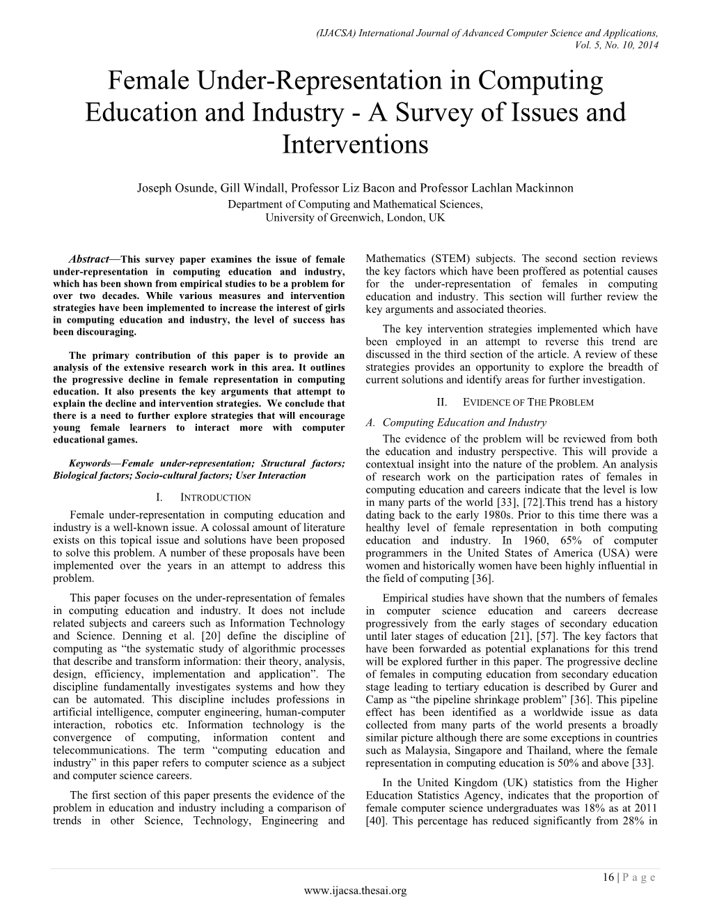 Female Under-Representation in Computing Education and Industry - a Survey of Issues and Interventions