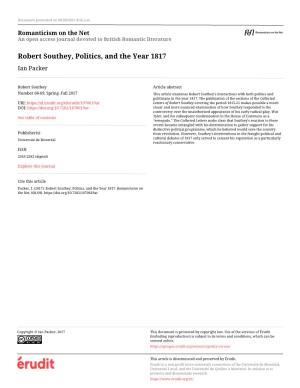 Robert Southey, Politics, and the Year 1817 Ian Packer