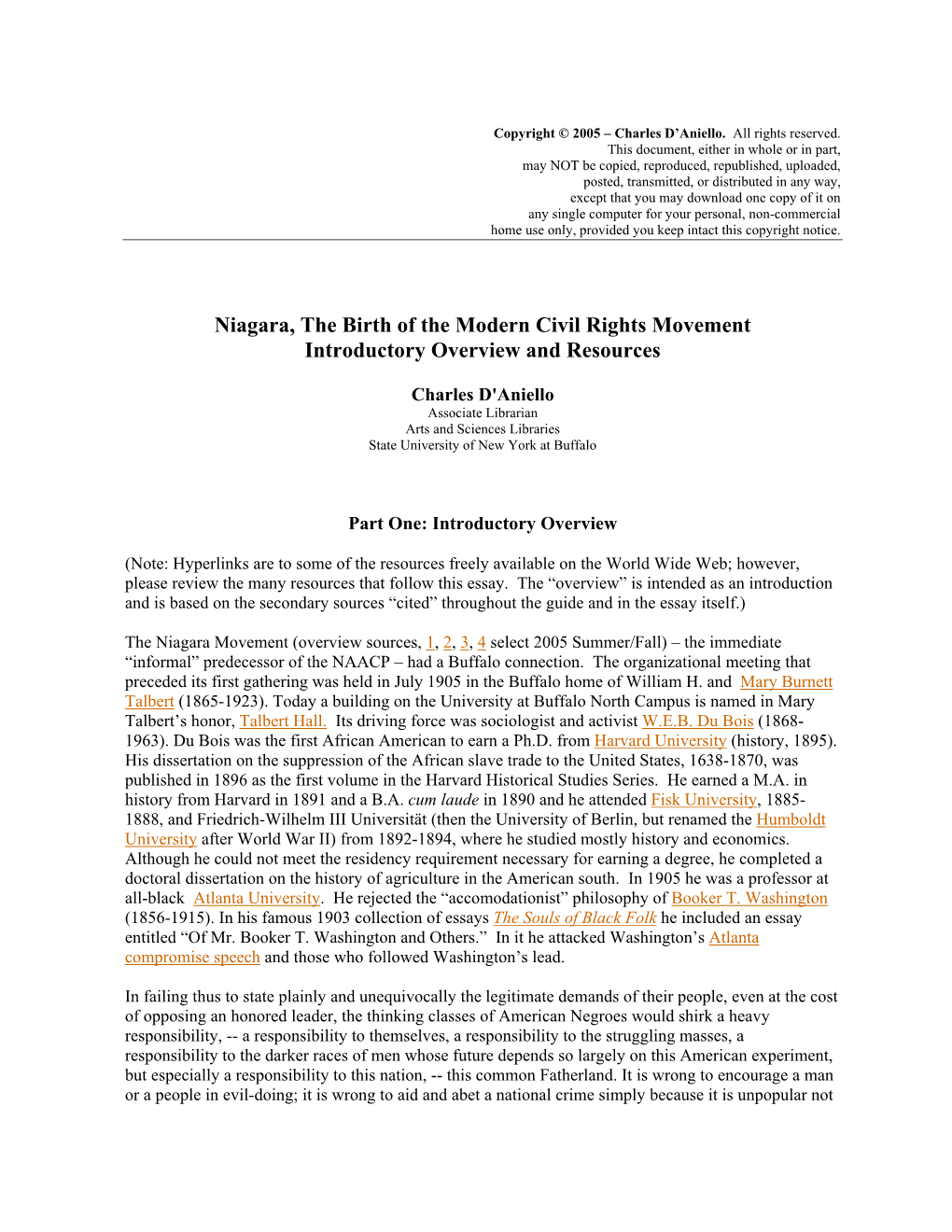 Niagara, the Birth of the Modern Civil Rights Movement Introductory Overview and Resources