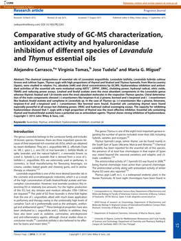 Comparative Study of GC-MS Characterization, Antioxidant Activity and Hyaluronidase Inhibition of Different Species of Lavandula and Thymus Essential Oils
