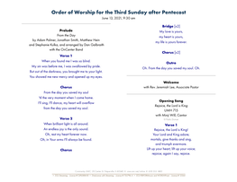 Order of Worship for the Third Sunday After Pentecost June 13, 2021, 9:30 Am
