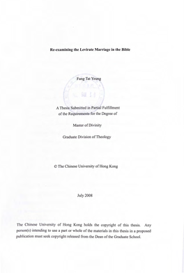 Re-Examining the Levirate Marriage in the Bible Fung Tat Yeung a Thesis