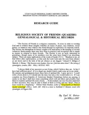 Research Guide Religious Society of Friends (Quakers) Genealogical & Historical Records