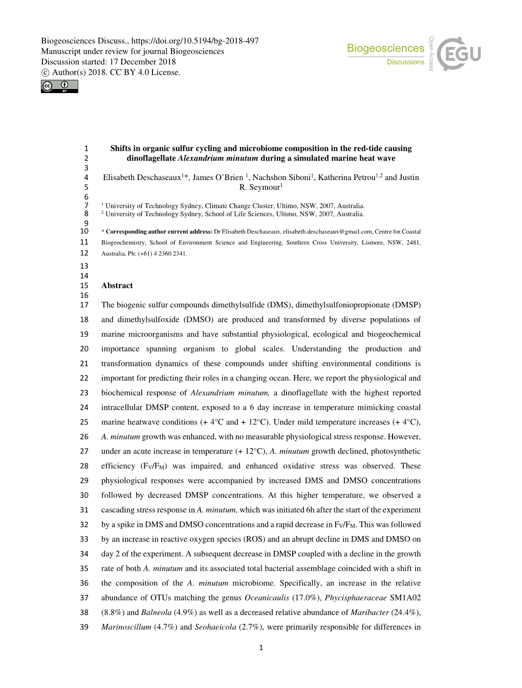 1 Shifts in Organic Sulfur Cycling and Microbiome Composition in the Red