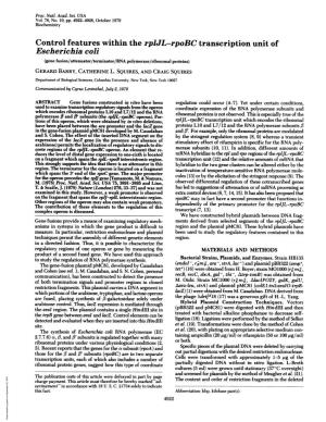 Escherichia Coli (Gene Fusion/Attenuator/Terminator/RNA Polymerase/Ribosomal Proteins) GERARD BARRY, CATHERINE L