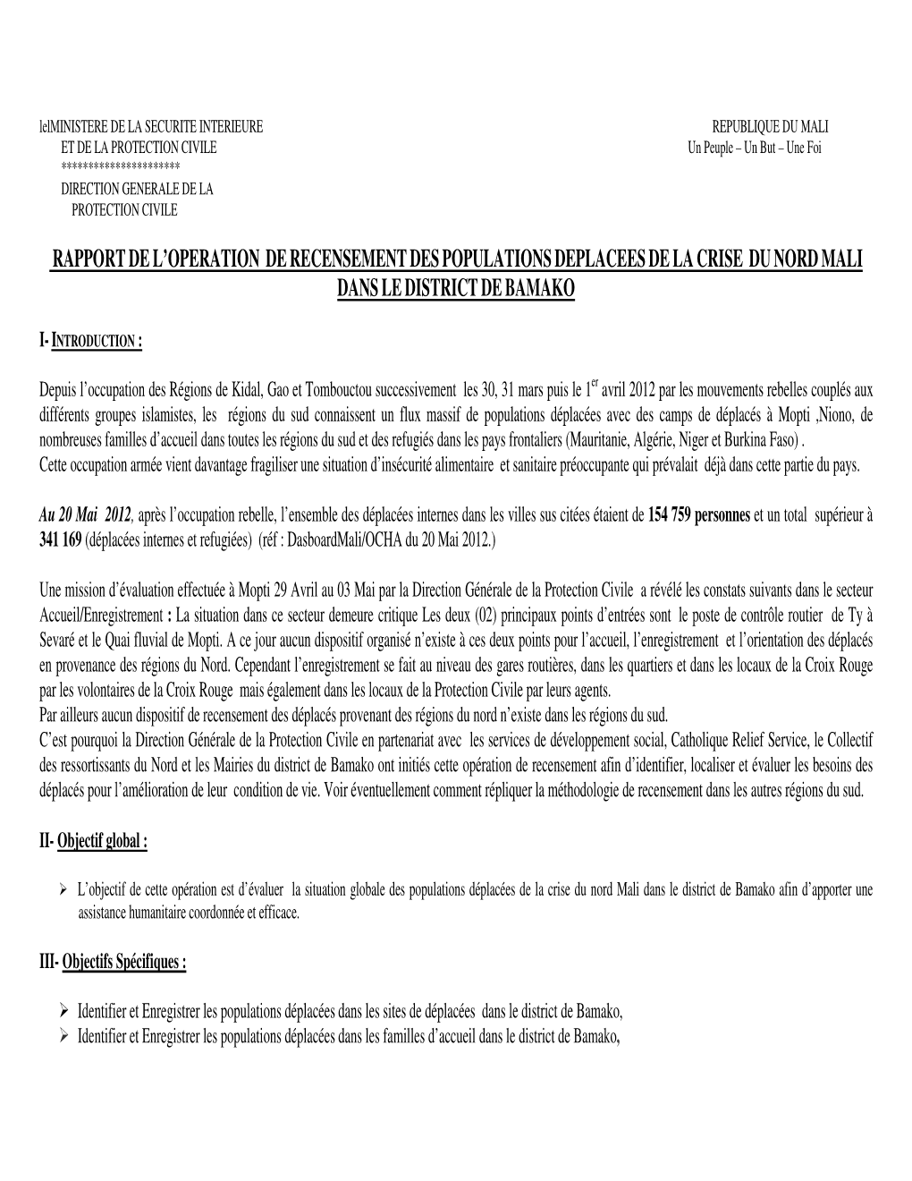 Rapport De L'operation De Recensement Des Populations Deplacees De La Crise Du Nord Mali Dans Le District De Bamako