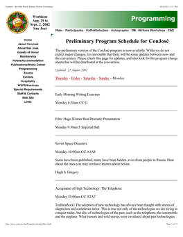 Preliminary Program Schedule for Conjosé