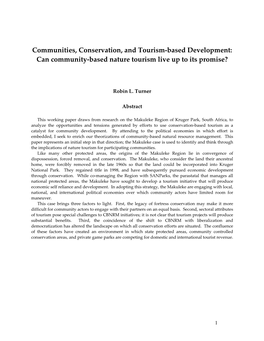 Communities, Conservation, and Tourism-Based