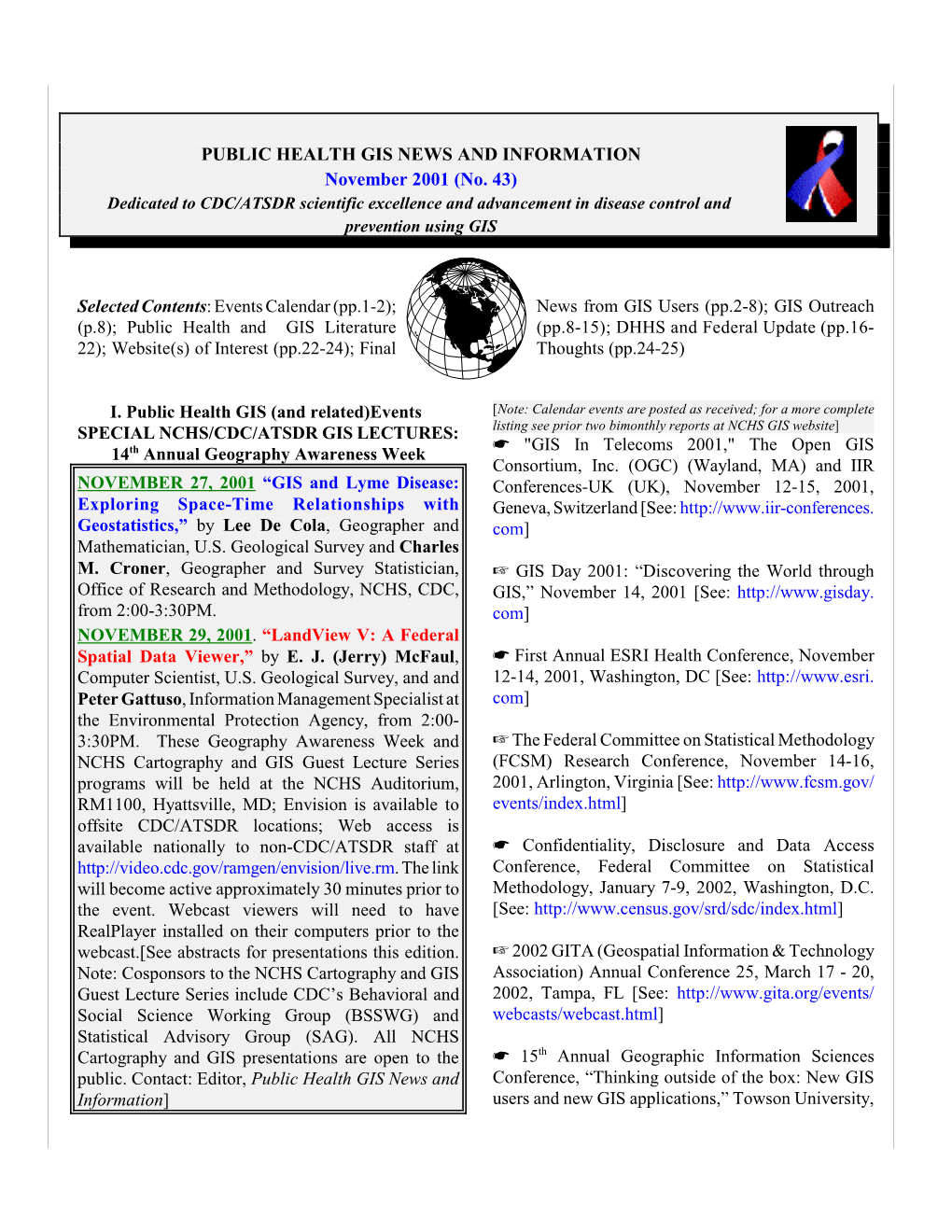 Public Health GIS News and Information, No. 43 (November 2001)