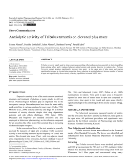 Anxiolytic Activity of Tribulus Terrestris on Elevated Plus Maze