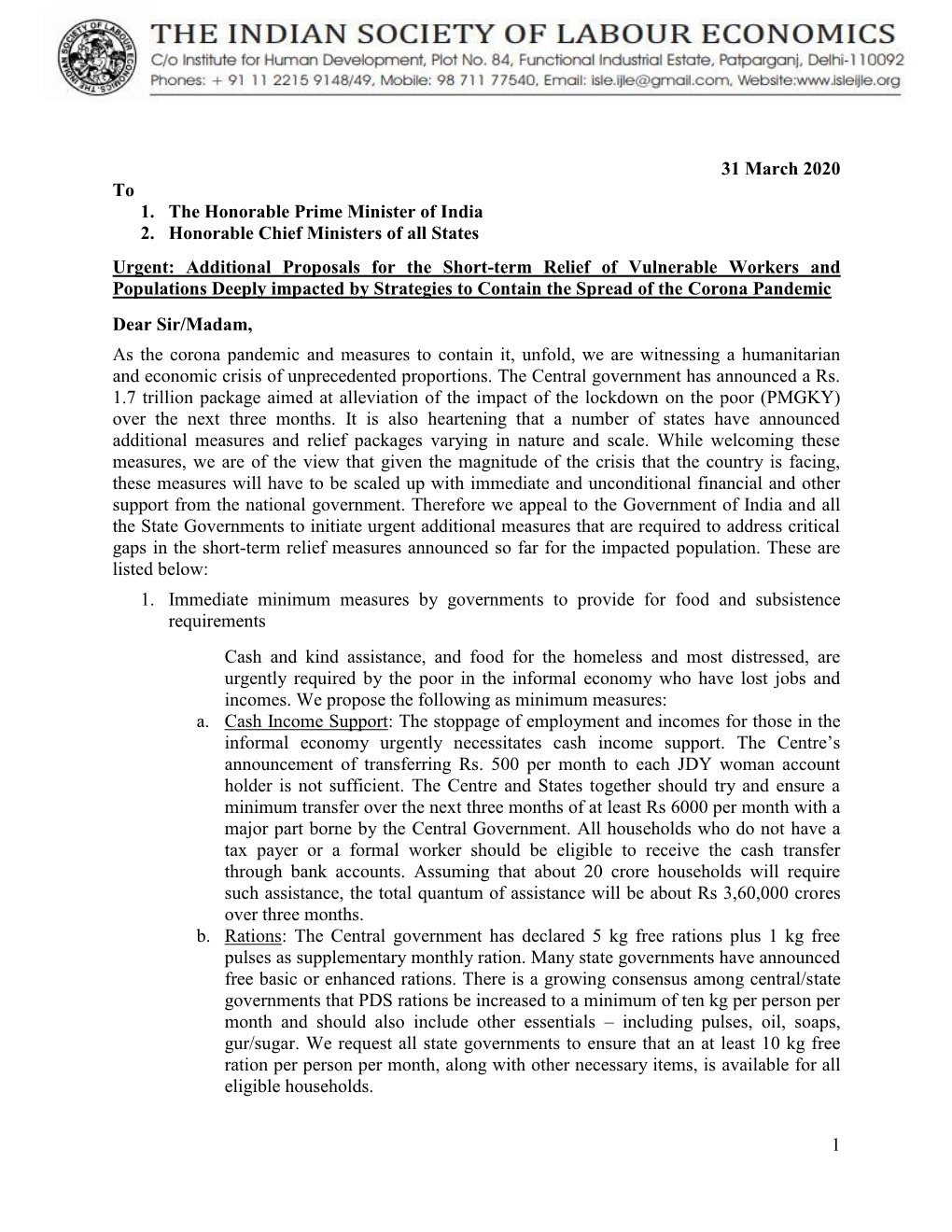 Additional Proposals for the Short-Term Relief of Vulnerable Workers and Populations Deeply Impacted by Strategies to Contain the Spread of the Corona Pandemic