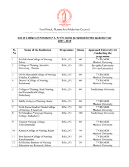 List of Colleges of Nursing for B. Sc (N) Course Recognised for the Academic Year 2017 - 2018