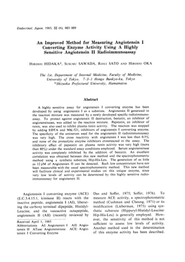 An Improved Method for Measuring Angiotensin I Converting Enzyme Activity Using a Highly Sensitive Angiotensin II Radioimmunoassay