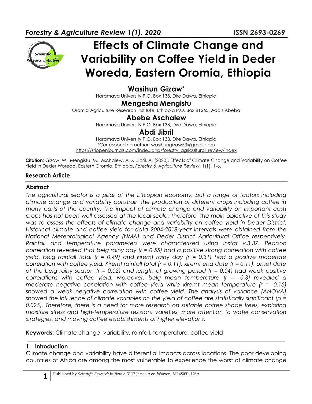 Effects of Climate Change and Variability on Coffee Yield in Deder Woreda, Eastern Oromia, Ethiopia