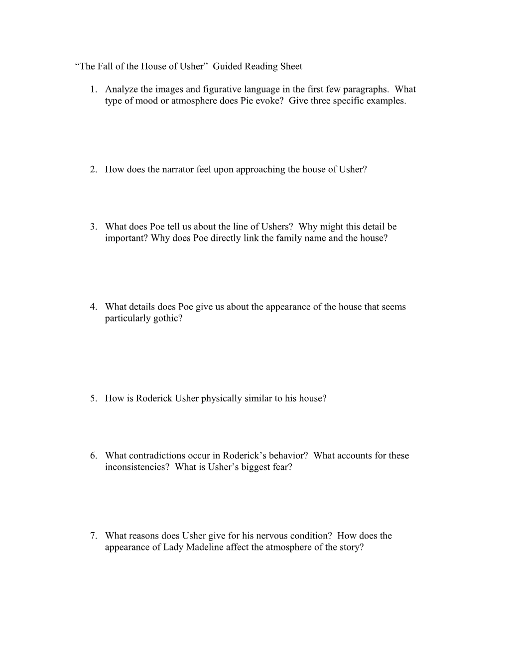 The Fall of the House of Usher Guided Reading Sheet s1