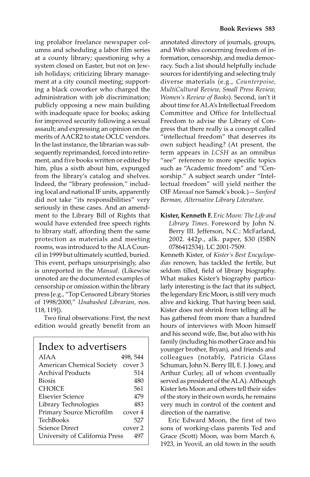 Index to Advertisers Younger Brother, Bryan), and Friends and AIAA 498, 544 Colleagues (Notably, Patricia Glass American Chemical Society Cover 3 Schuman, John N