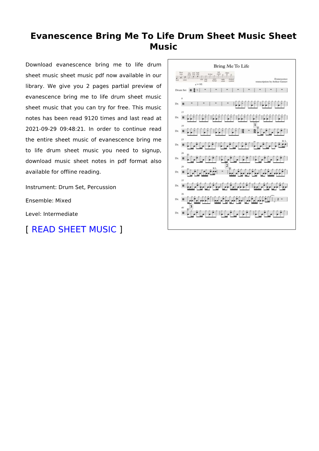 Evanescence Bring Me to Life Drum Sheet Music Sheet Music