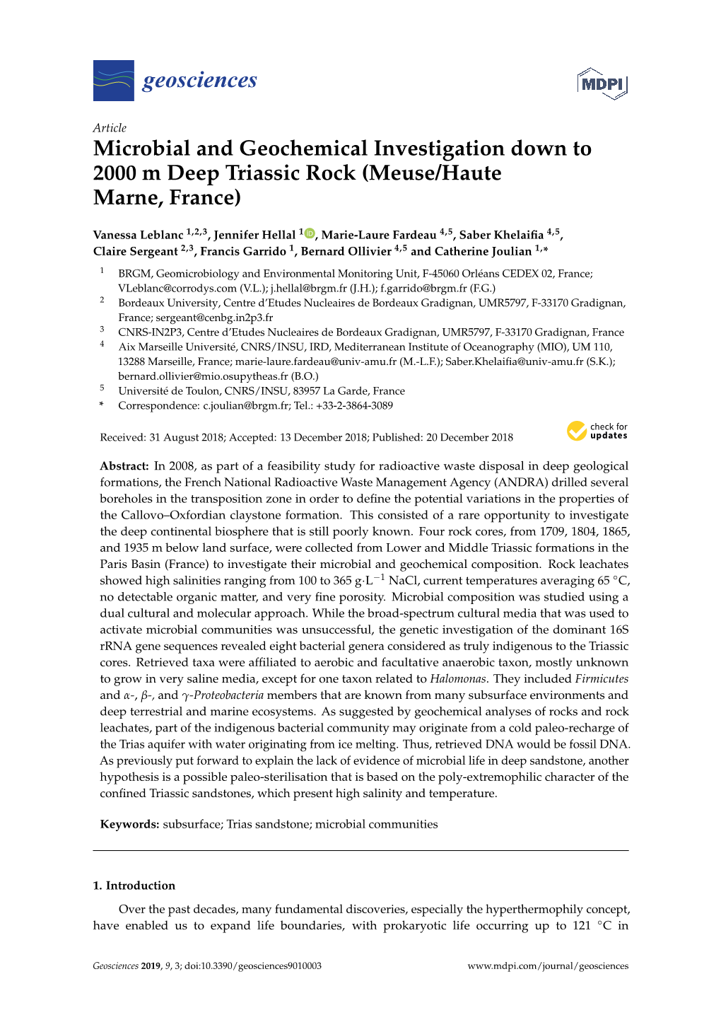 Microbial and Geochemical Investigation Down to 2000 M Deep Triassic Rock (Meuse/Haute Marne, France)