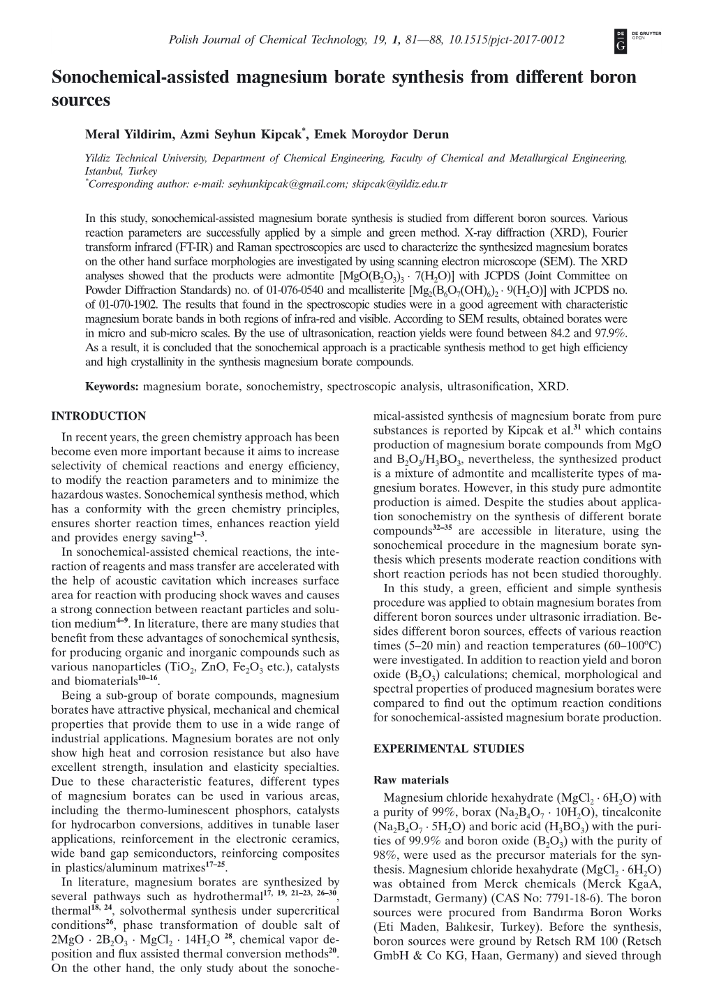 Sonochemical-Assisted Magnesium Borate Synthesis from Different Boron Sources