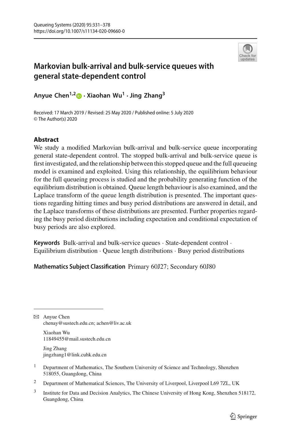 Markovian Bulk-Arrival and Bulk-Service Queues with General State-Dependent Control