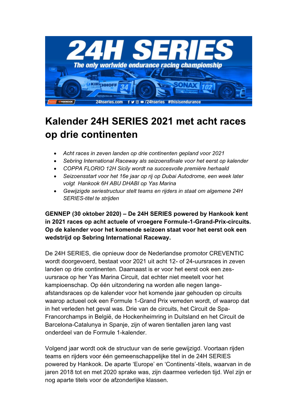 Kalender 24H SERIES 2021 Met Acht Races Op Drie Continenten