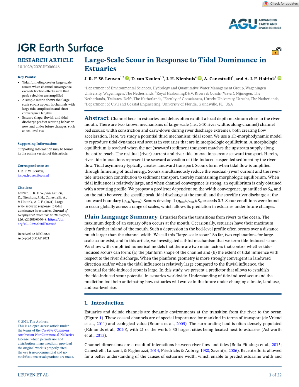 Large‐Scale Scour in Response to Tidal Dominance in Estuaries