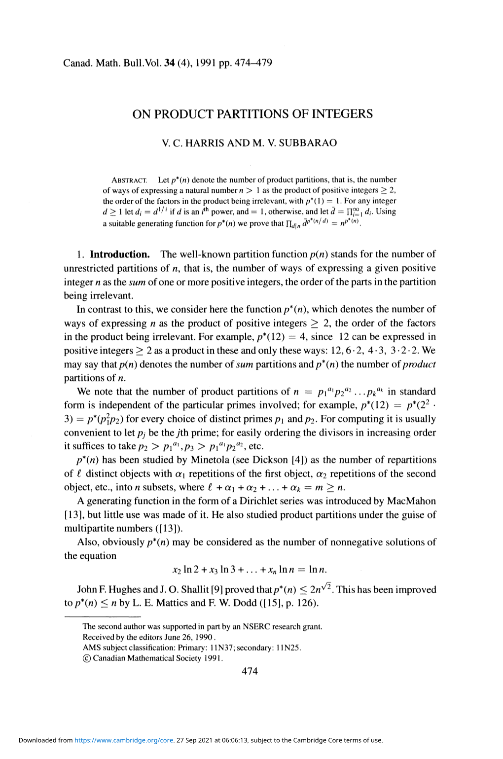 On Product Partitions of Integers