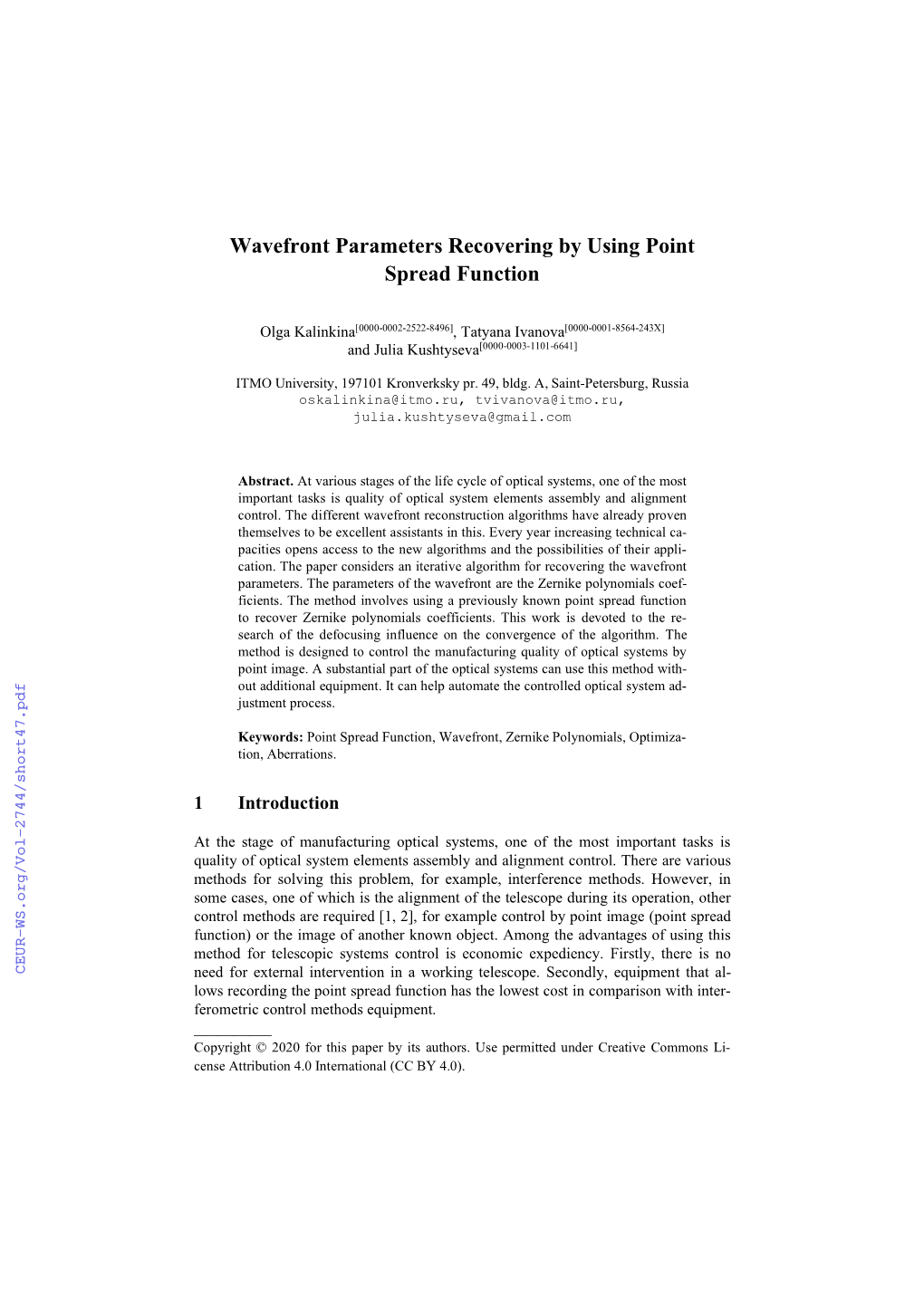 Wavefront Parameters Recovering by Using Point Spread Function