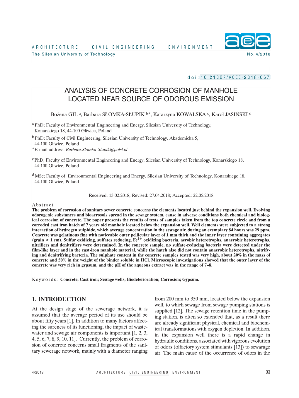 Analysis of Concrete Corrosion of Manhole Located Near Source of Odorous Emission