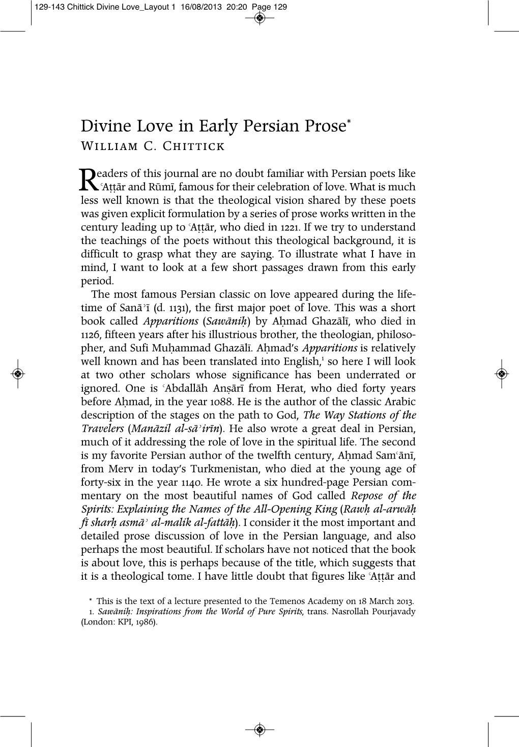 Divine Love in Early Persian Prose* William C