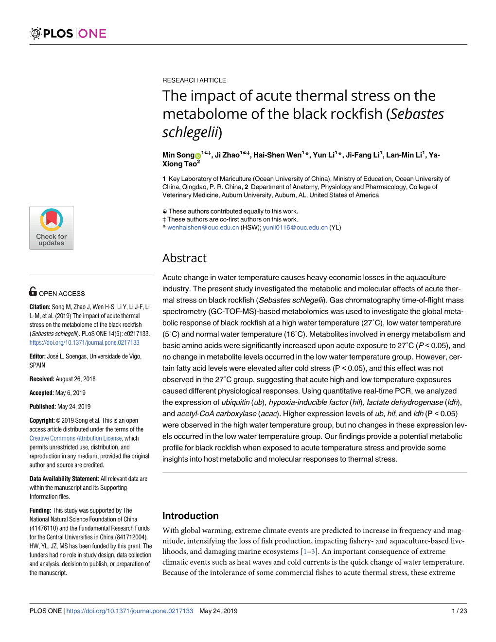 The Impact of Acute Thermal Stress on the Metabolome of the Black Rockfish (Sebastes Schlegelii)