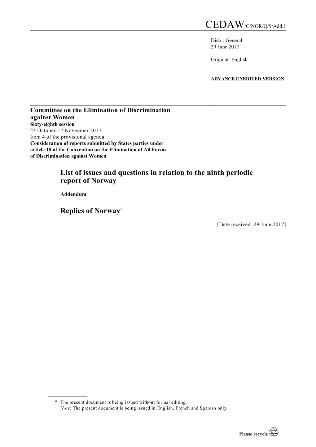 List of Issues and Questions in Relation to the Ninth Periodic Report of Norway