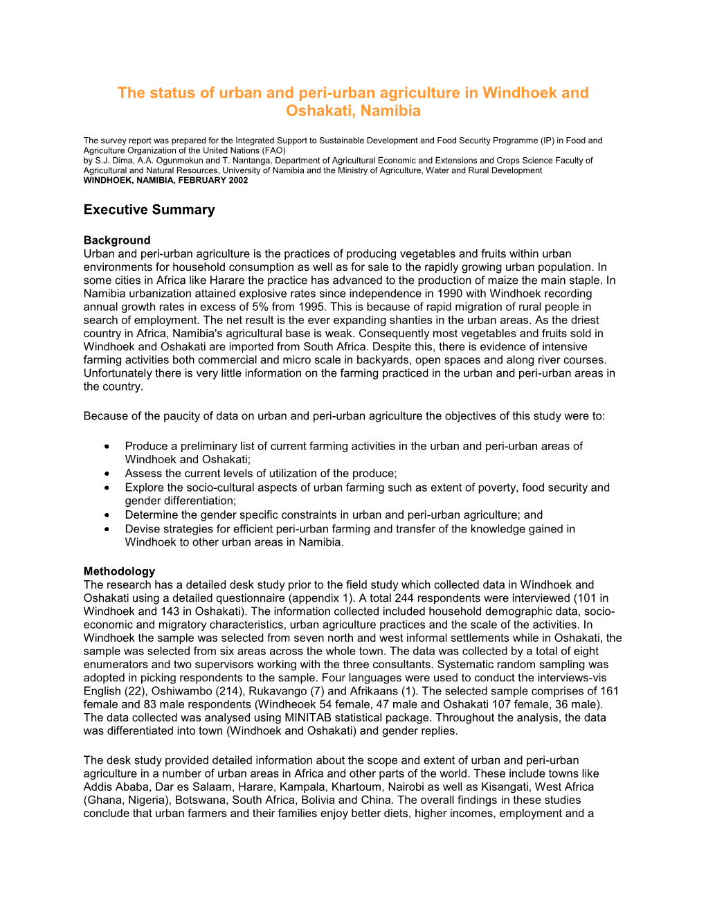 The Status of Urban and Peri-Urban Agriculture in Windhoek and Oshakati, Namibia