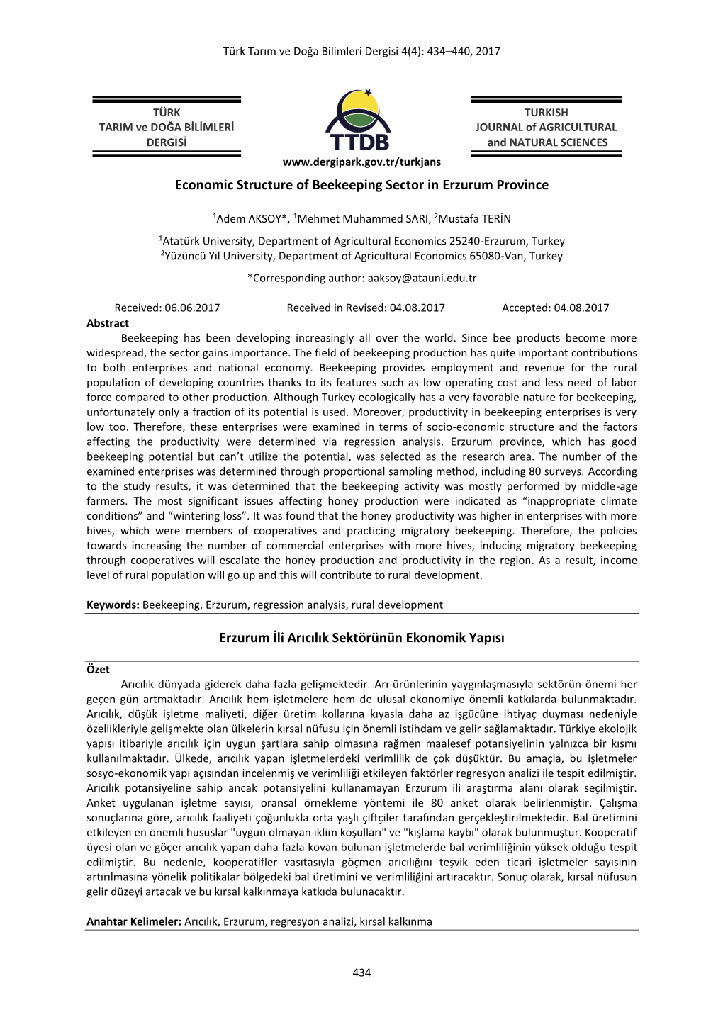 Economic Structure of Beekeeping Sector in Erzurum Province