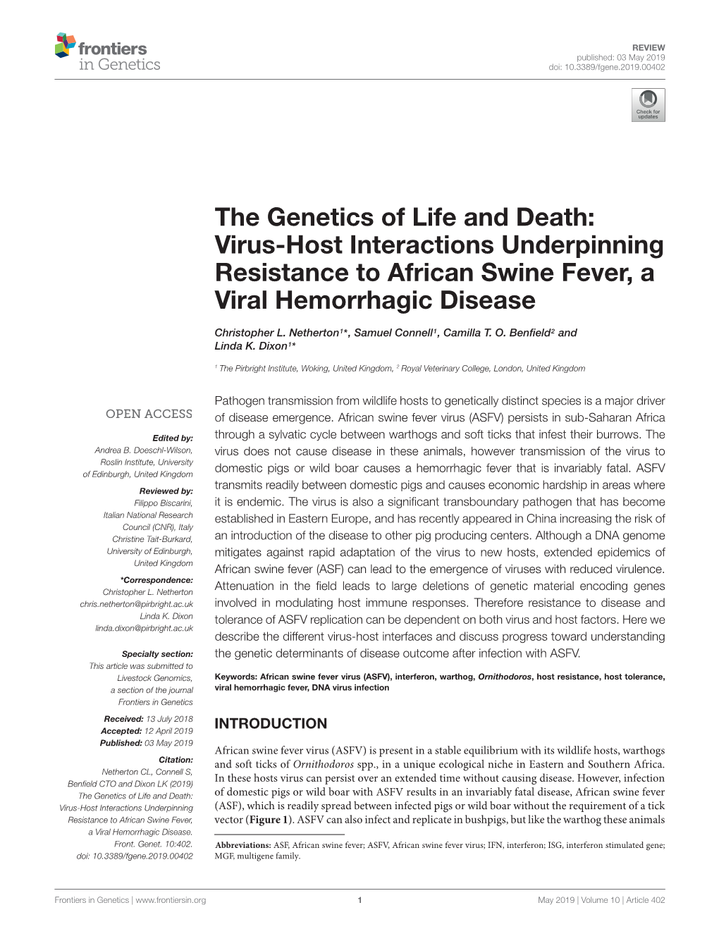 Virus-Host Interactions Underpinning Resistance to African Swine Fever, a Viral Hemorrhagic Disease